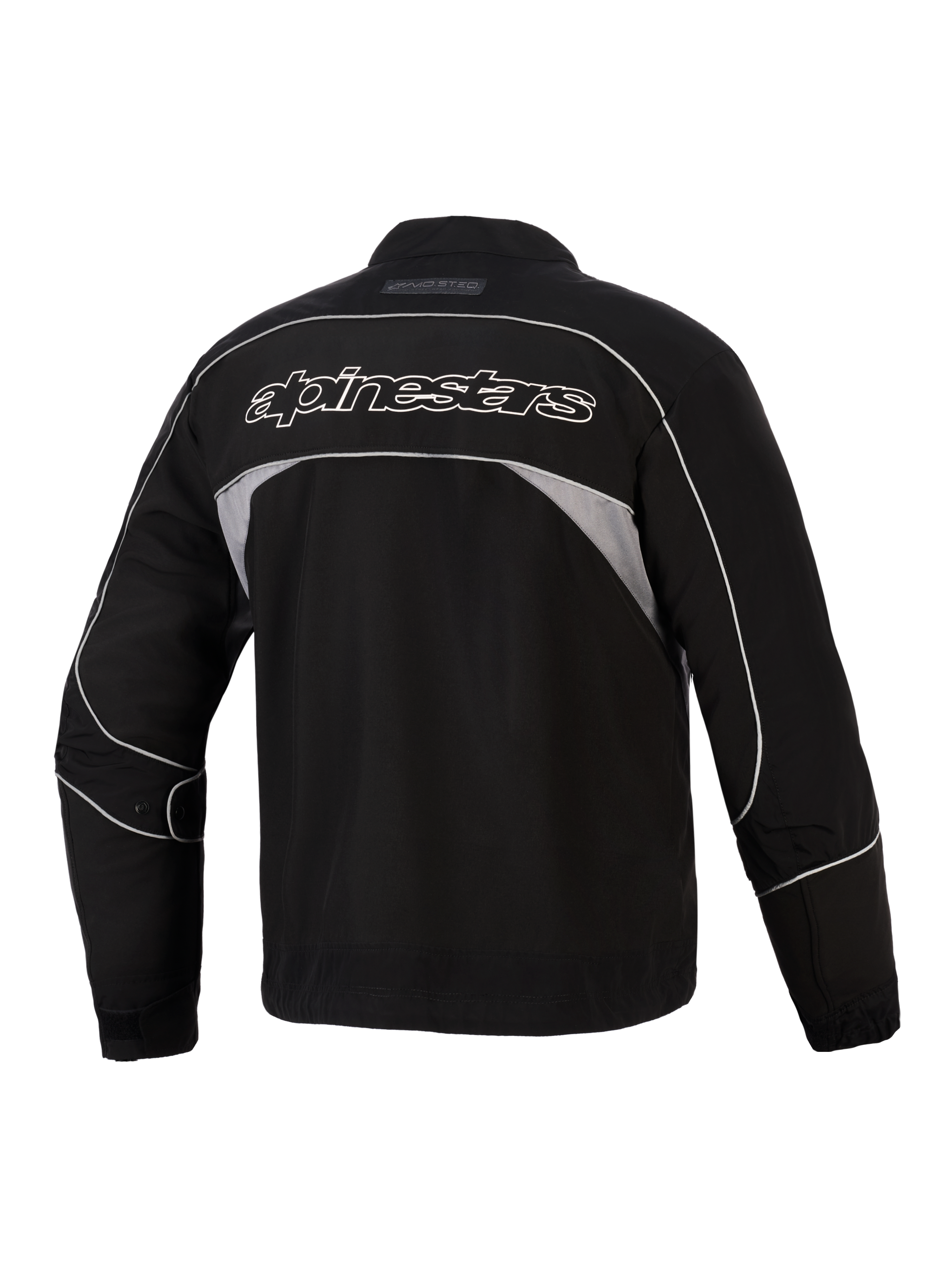 Alpinestars Unite Jacket, Rear View, Black with Dark Gray Reflective Panels, White Outlined Alpinestars Branding Across the Back, Urban Motorcycle Softshell Jacket with Minimalist Design