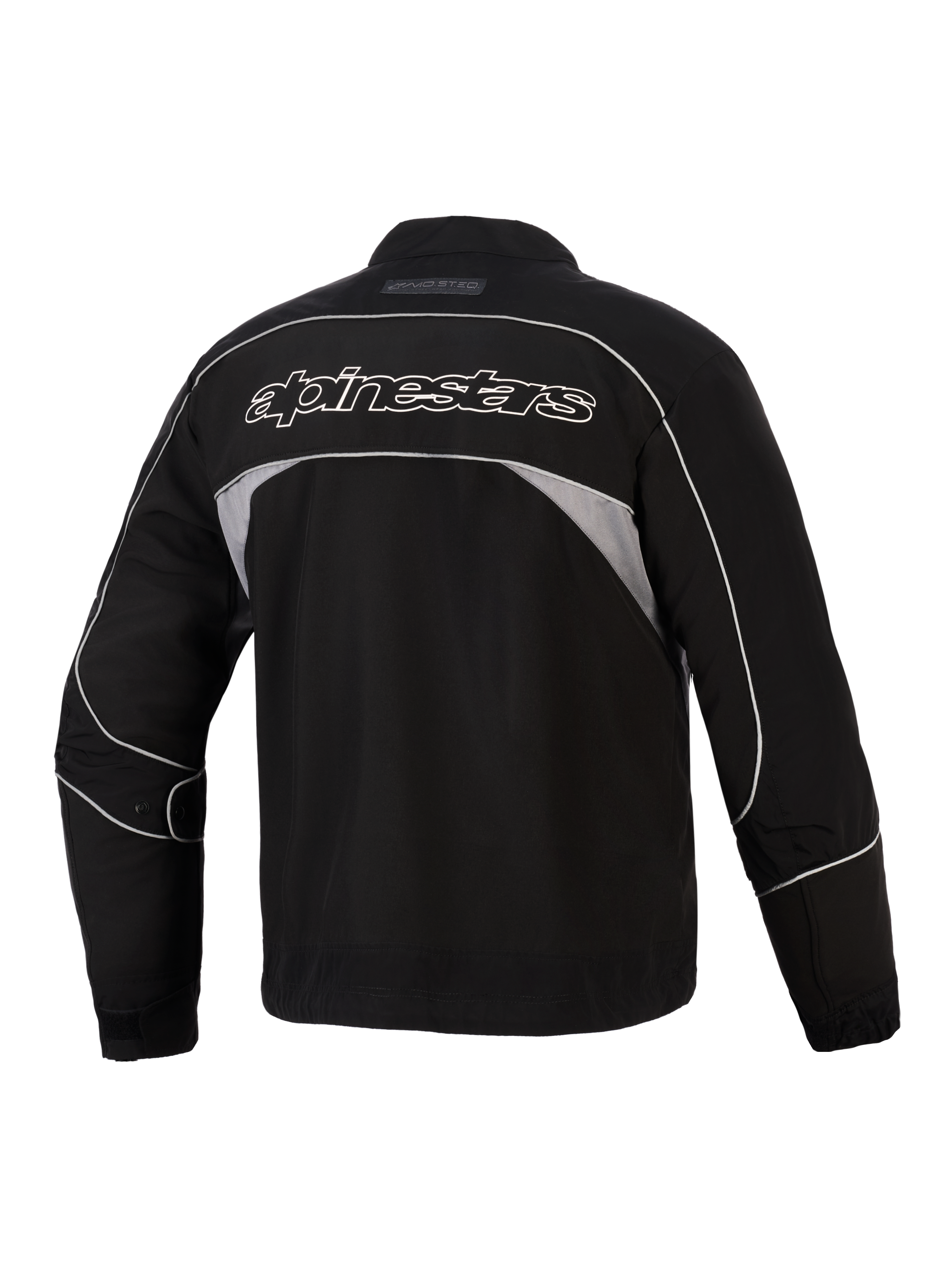 Alpinestars Unite Jacket, Rear View, Black with Dark Gray Reflective Panels, White Outlined Alpinestars Branding Across the Back, Urban Motorcycle Softshell Jacket with Minimalist Design