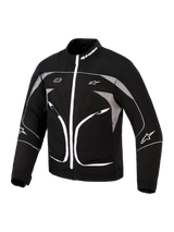 Alpinestars Unite Jacket, Motorcycle Jacket, Black and Dark Gray, featuring a white front zipper, reflective gray panels, and white piping details, Alpinestars branding on the collar and sleeves, minimalist urban design