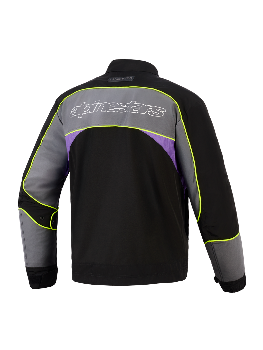 Alpinestars Unite Jacket in Black Asphalt Violet, achteraanzicht, stedelijke motorjas met groot grijs schouderpaneel, wit omlijnd Alpinestars-logo, paarse zij-accenten en goed zichtbare neongele biezen langs de naden.