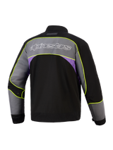 Alpinestars Unite Jacket in Black Asphalt Violet, achteraanzicht, stedelijke motorjas met groot grijs schouderpaneel, wit omlijnd Alpinestars-logo, paarse zij-accenten en goed zichtbare neongele biezen langs de naden.
