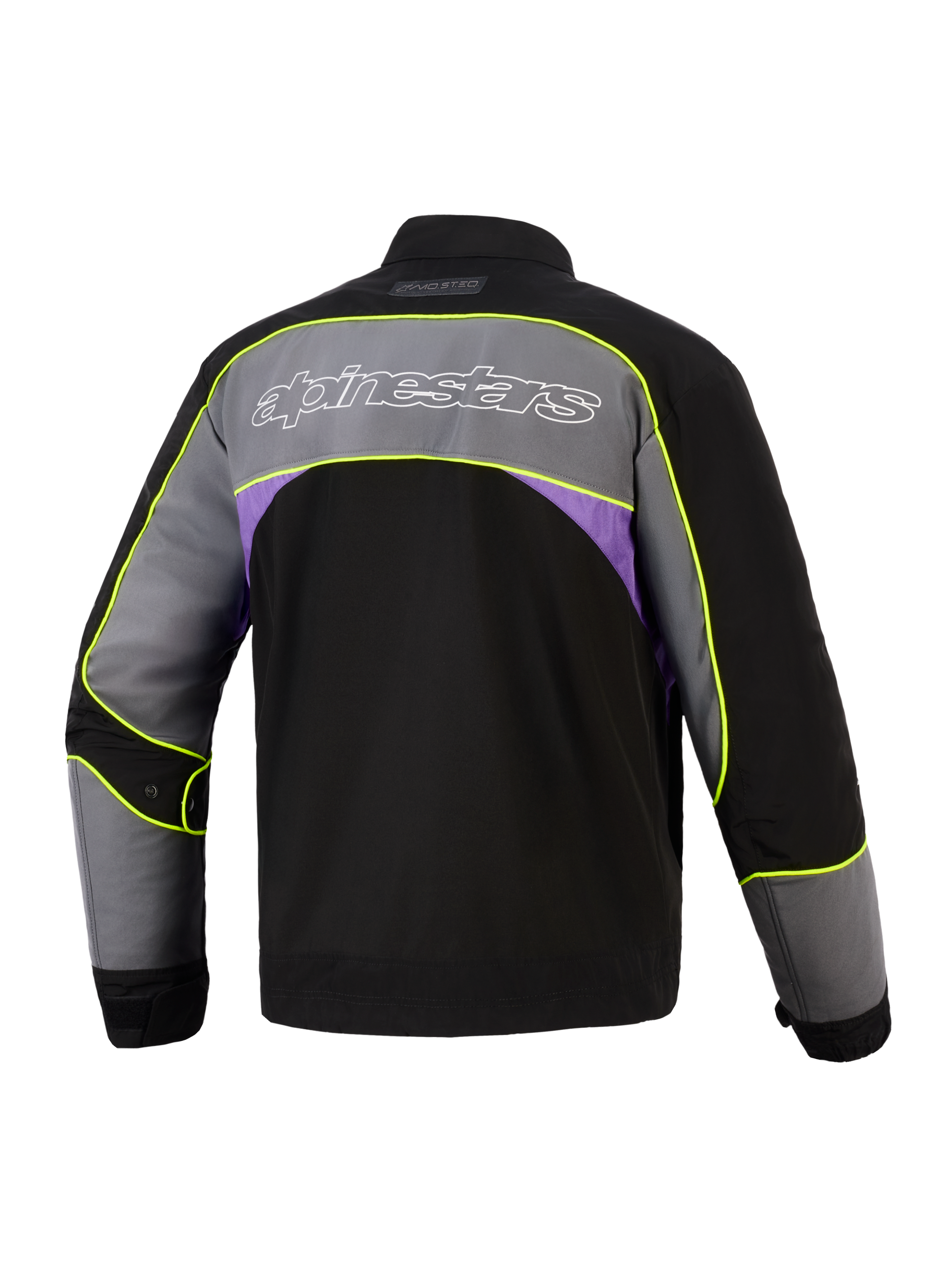 Alpinestars Unite Jacket in Black Asphalt Violet, achteraanzicht, stedelijke motorjas met groot grijs schouderpaneel, wit omlijnd Alpinestars-logo, paarse zij-accenten en goed zichtbare neongele biezen langs de naden.