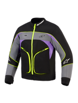 Alpinestars Unite Jacket, urban motorjas, Black Asphalt Violet met neongele accenten, voorzien van een 3-laags softshell-constructie, fluorescerende gele ritsen en biezen, grijs en paars kleurvlakken en Alpinestars-branding op de borst en kraag.