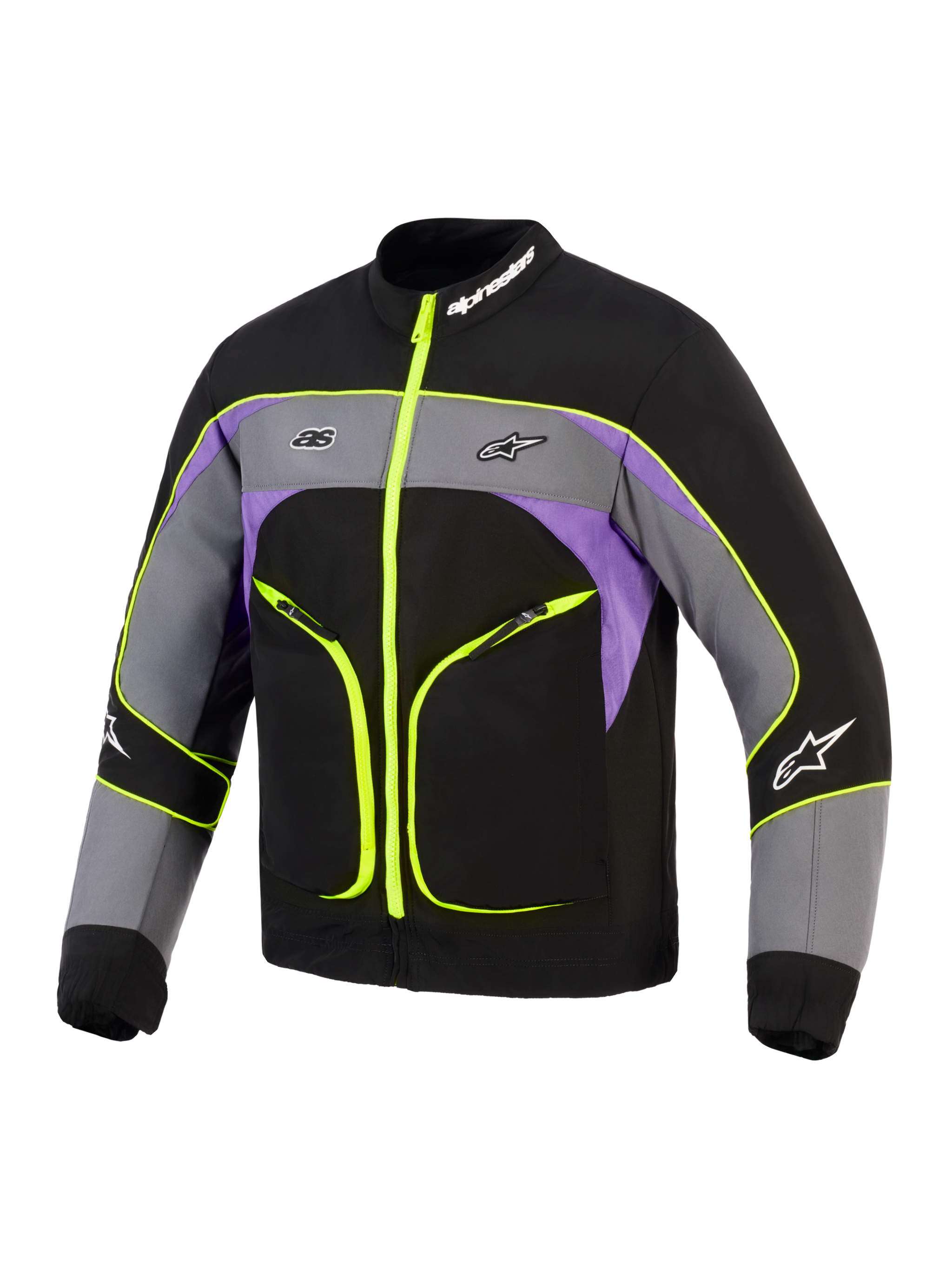 Alpinestars Unite Jacket, urban motorjas, Black Asphalt Violet met neongele accenten, voorzien van een 3-laags softshell-constructie, fluorescerende gele ritsen en biezen, grijs en paars kleurvlakken en Alpinestars-branding op de borst en kraag.