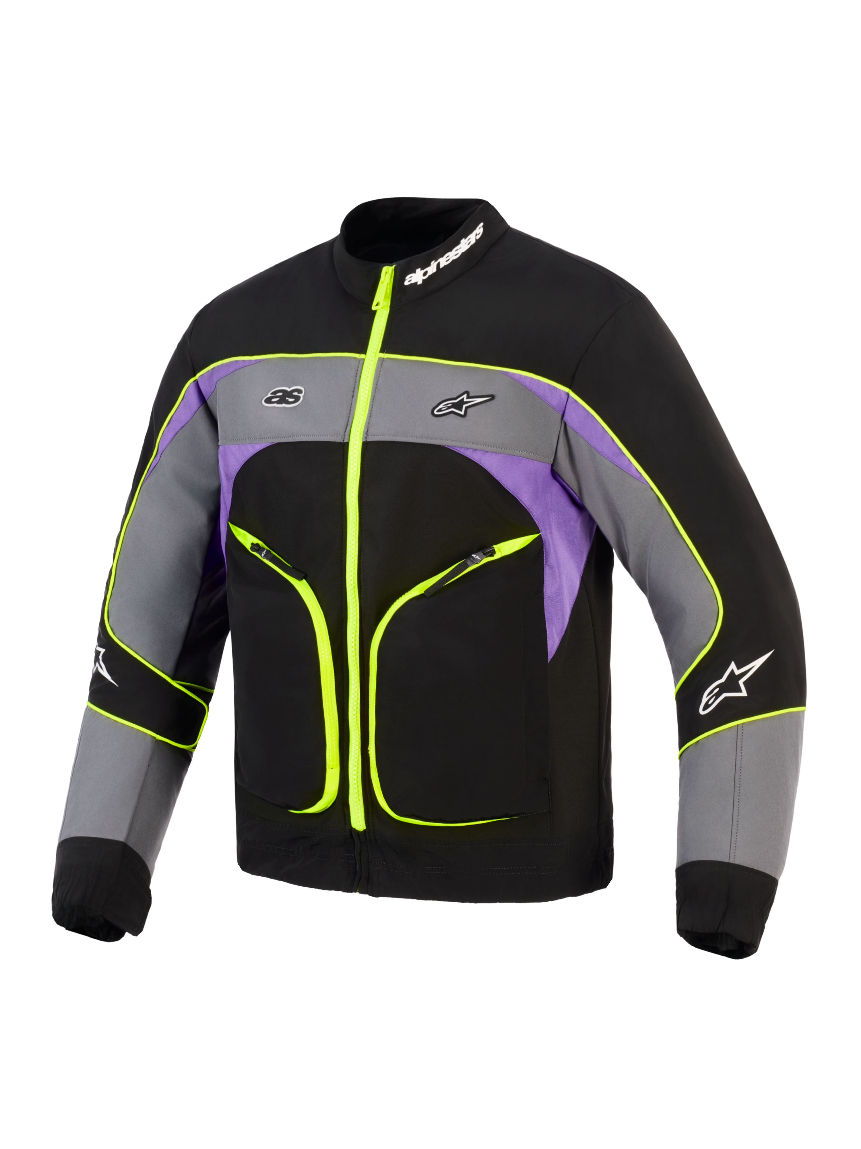 Alpinestars Unite Jacket, urban motorjas, Black Asphalt Violet met neongele accenten, voorzien van een 3-laags softshell-constructie, fluorescerende gele ritsen en biezen, grijs en paars kleurvlakken en Alpinestars-branding op de borst en kraag.