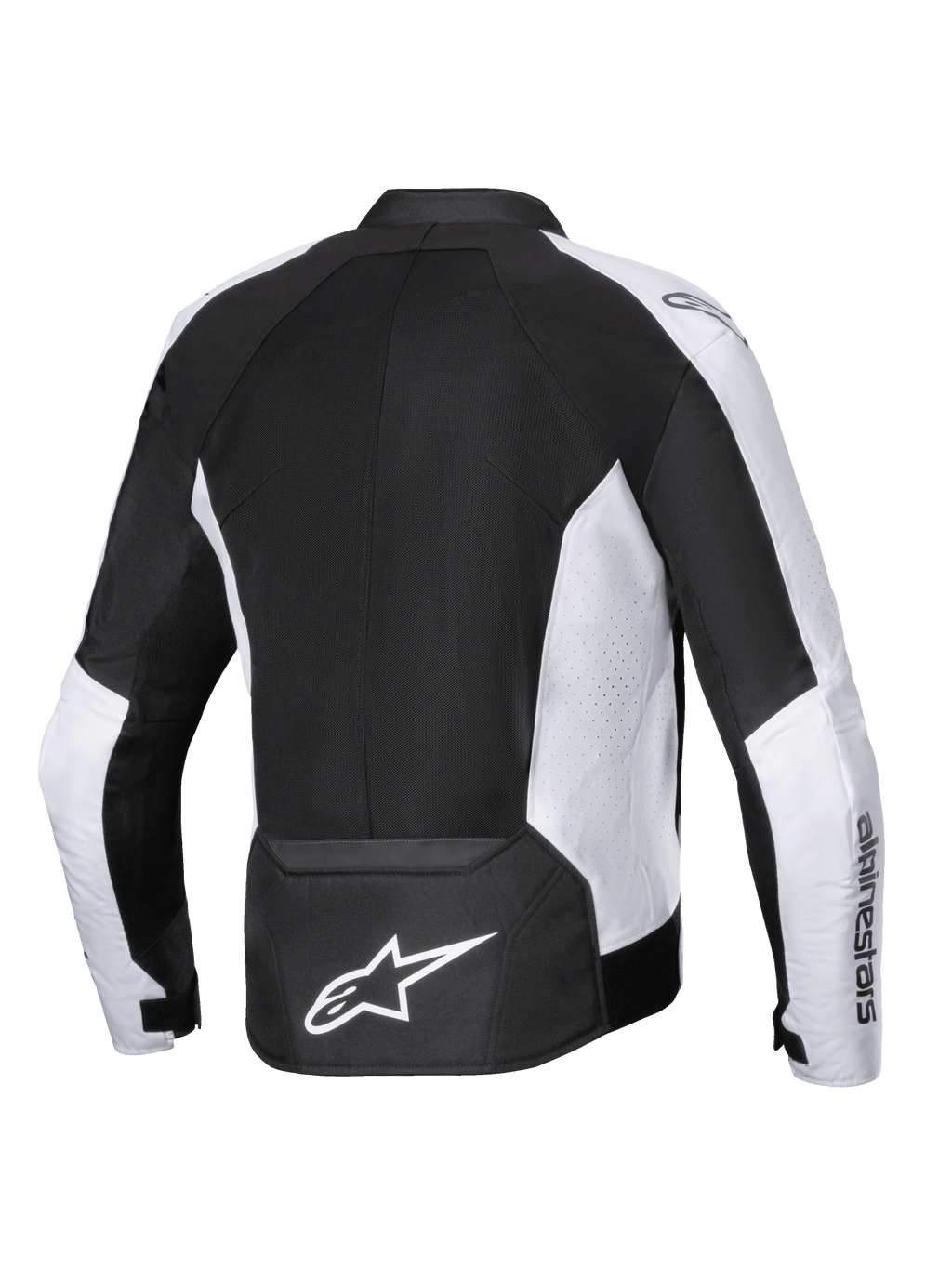 Alpinestars Viper Air V4 Jas, motorjas, zwart en wit, achteraanzicht met grote tech mesh-panelen voor luchtstroom, witte geperforeerde zijpanelen, opvallend wit Astar-logo op de onderrug en textielconstructie voor rijden in warm weer