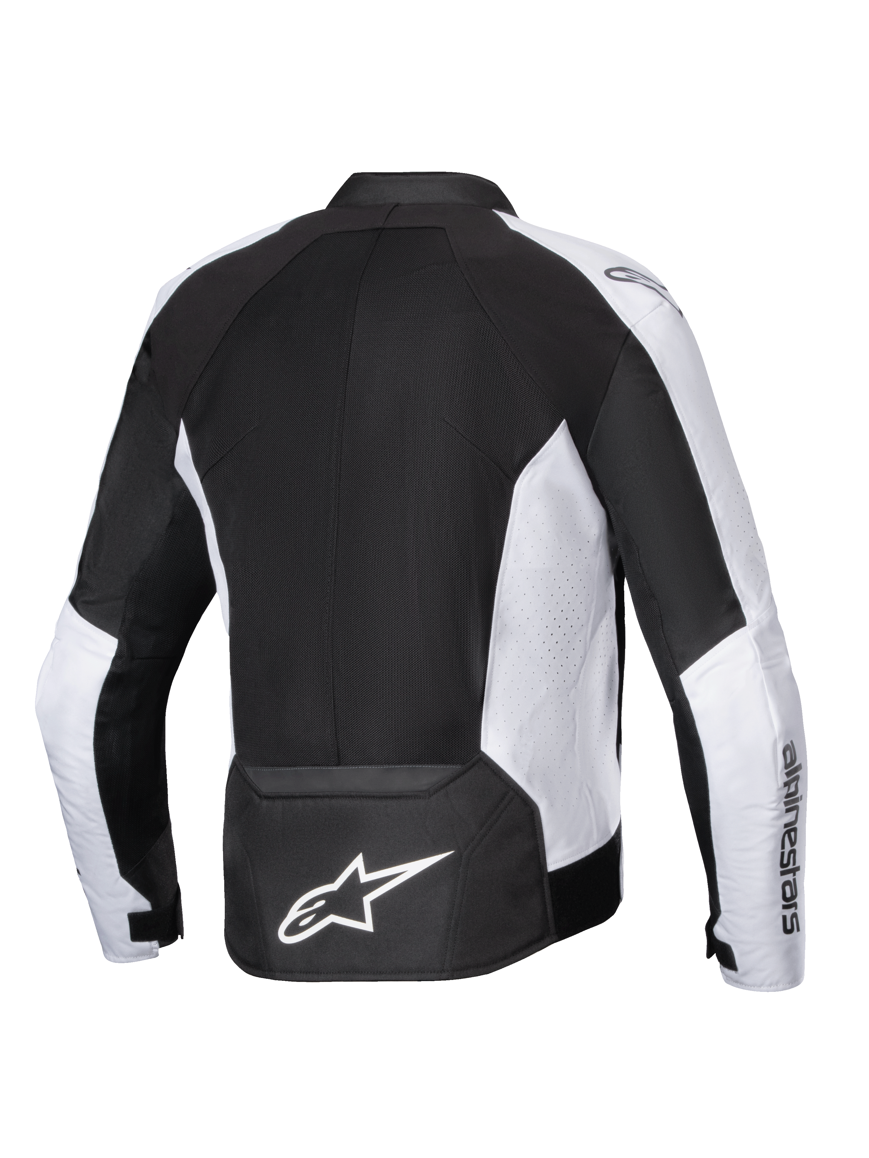 Alpinestars Viper Air V4 Jas, motorjas, zwart en wit, achteraanzicht met grote tech mesh-panelen voor luchtstroom, witte geperforeerde zijpanelen, opvallend wit Astar-logo op de onderrug en textielconstructie voor rijden in warm weer