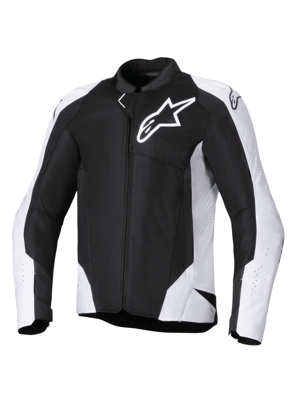 Alpinestars Viper Air V4 Jas, textiel motorjas, zwart met wit, met groot wit Astar-logo op de borst, geperforeerde mesh-panelen voor luchtstroom, ergonomische sportpasvorm voor op de weg
