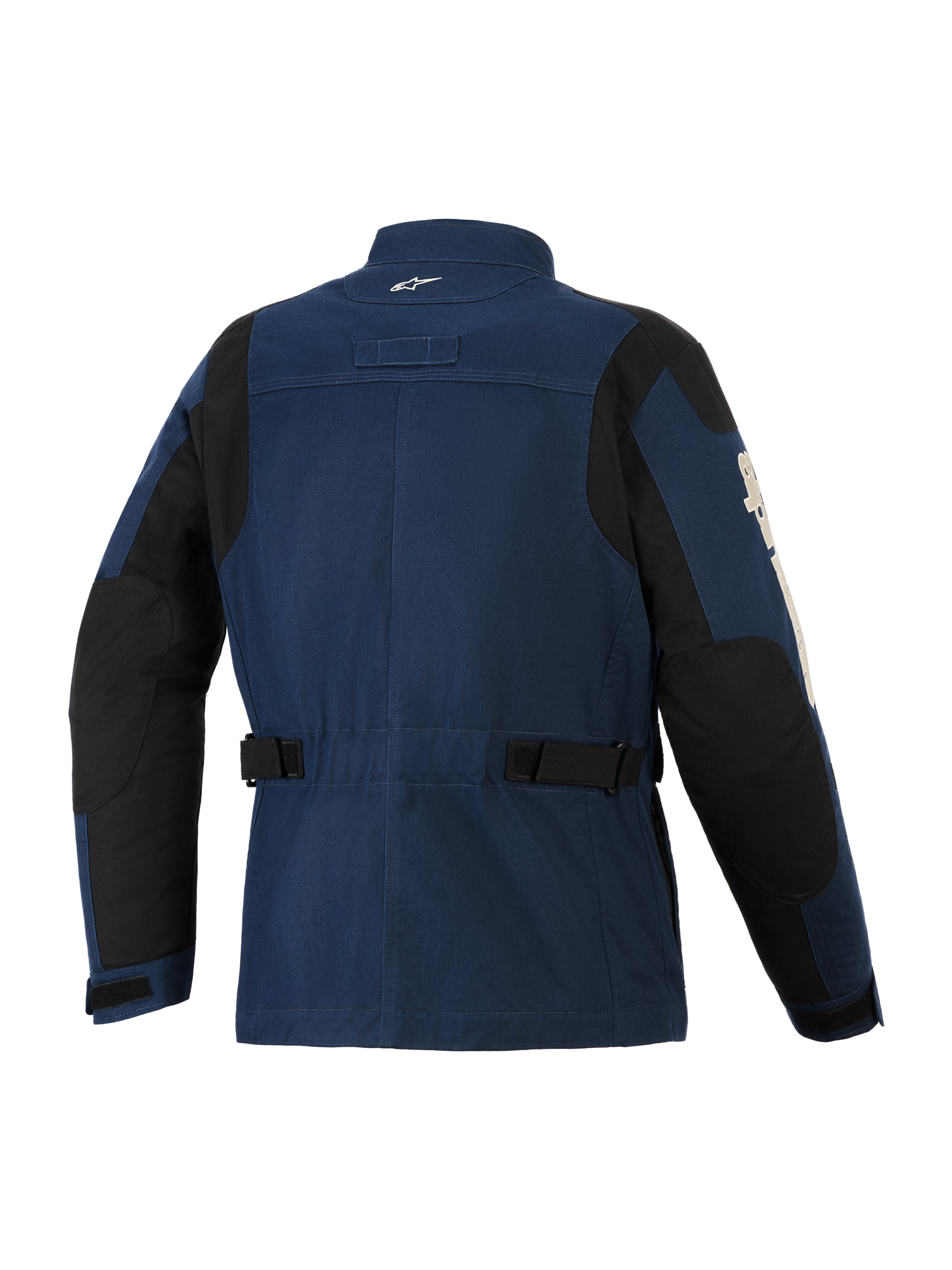 Alpinestars Dice Jacket, Urban Motorcycle Jacket, Dark Blue and Black, back view showing field jacket styling, adjustable waist straps, black shoulder and elbow reinforcement panels, and a small white logo on the collar.