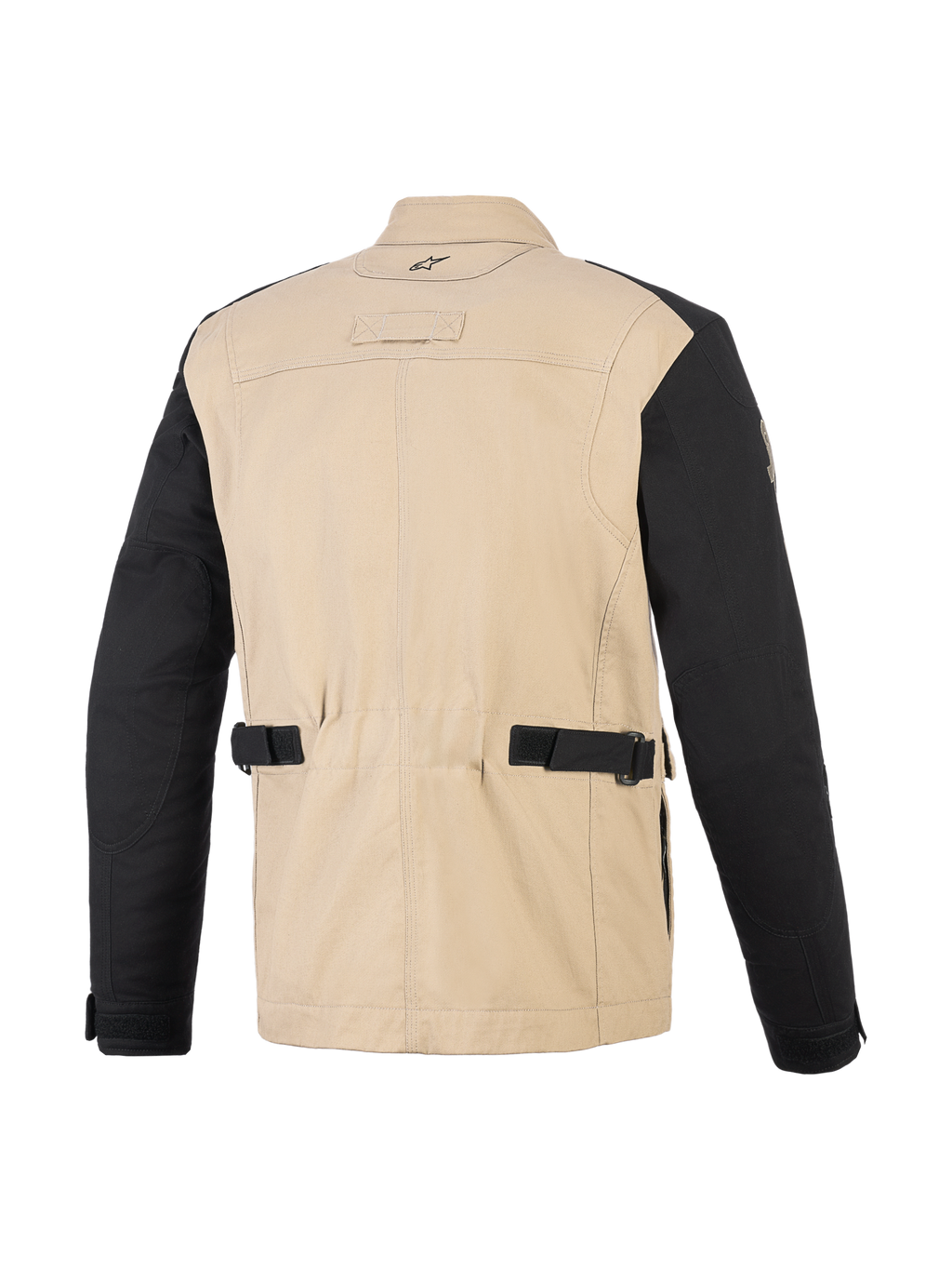Alpinestars Dice Jacket, urban motorjas, Aluminum Black, achteraanzicht met beige polykatoenen body en zwarte mouwen, voorzien van verstelbare taillebanden, geplooide schouderpanelen en een op werkkleding geïnspireerd ontwerp