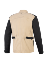 Alpinestars Dice Jacket, urban motorjas, Aluminum Black, achteraanzicht met beige polykatoenen body en zwarte mouwen, voorzien van verstelbare taillebanden, geplooide schouderpanelen en een op werkkleding geïnspireerd ontwerp