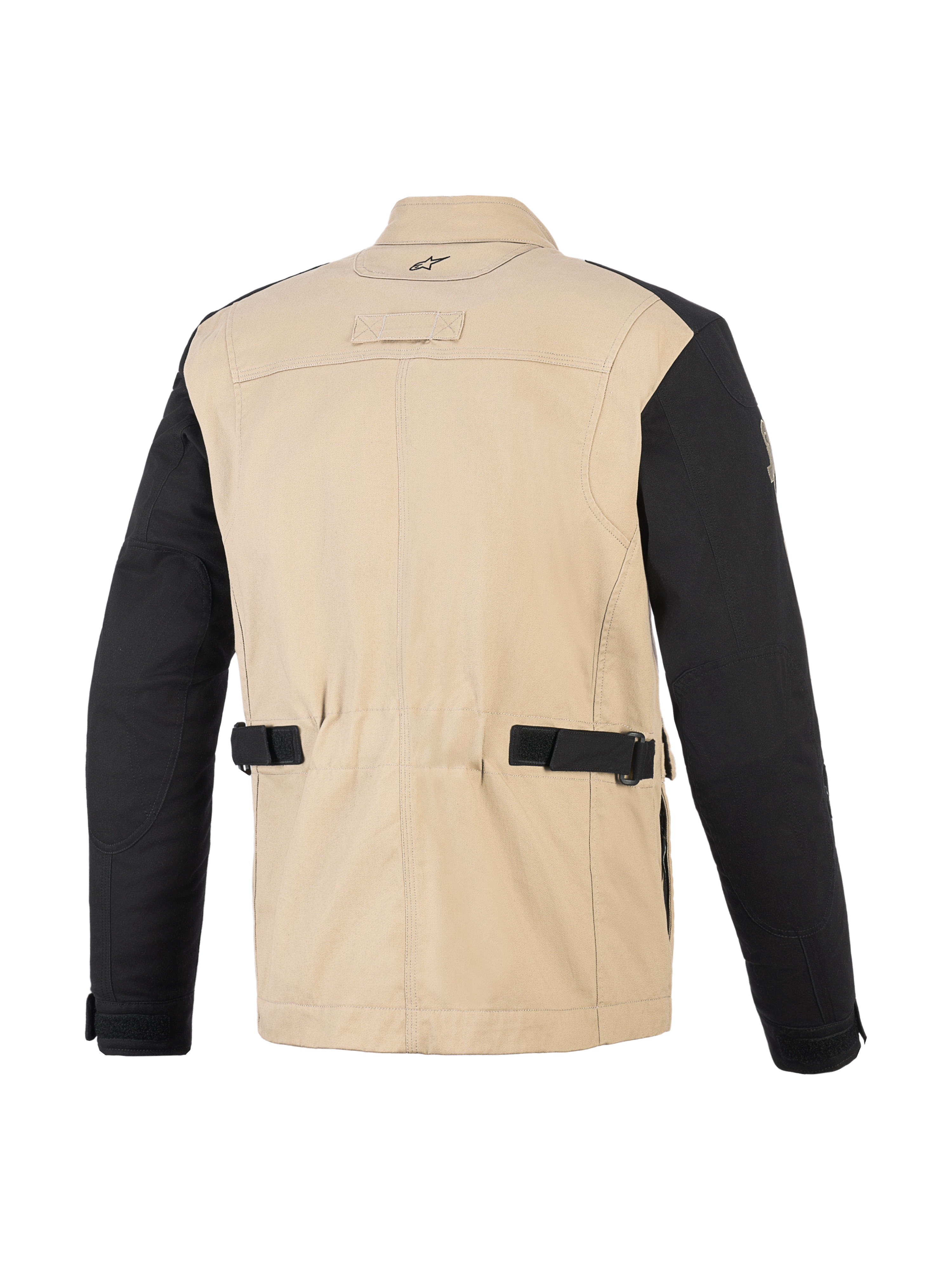Alpinestars Dice Jacket, urban motorjas, Aluminum Black, achteraanzicht met beige polykatoenen body en zwarte mouwen, voorzien van verstelbare taillebanden, geplooide schouderpanelen en een op werkkleding geïnspireerd ontwerp