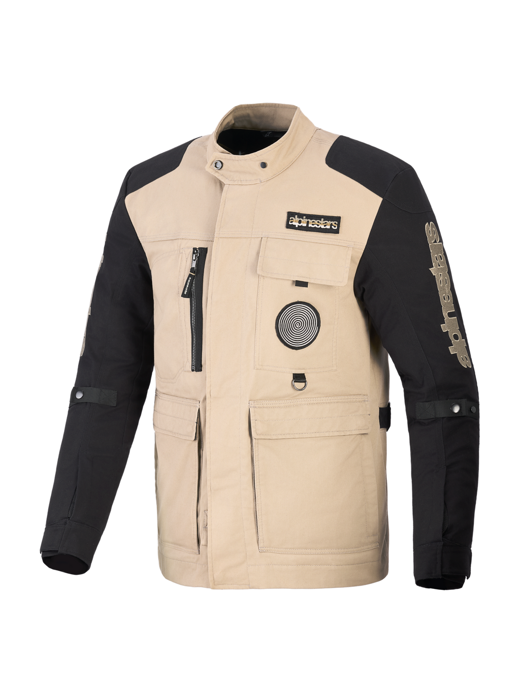 Alpinestars Dice Jacket, urban motorjas, beige en zwart, op werkkleding geïnspireerd ontwerp met vier functionele zakken aan de voorzijde en logopatches, robuuste textielconstructie voor straatprestaties