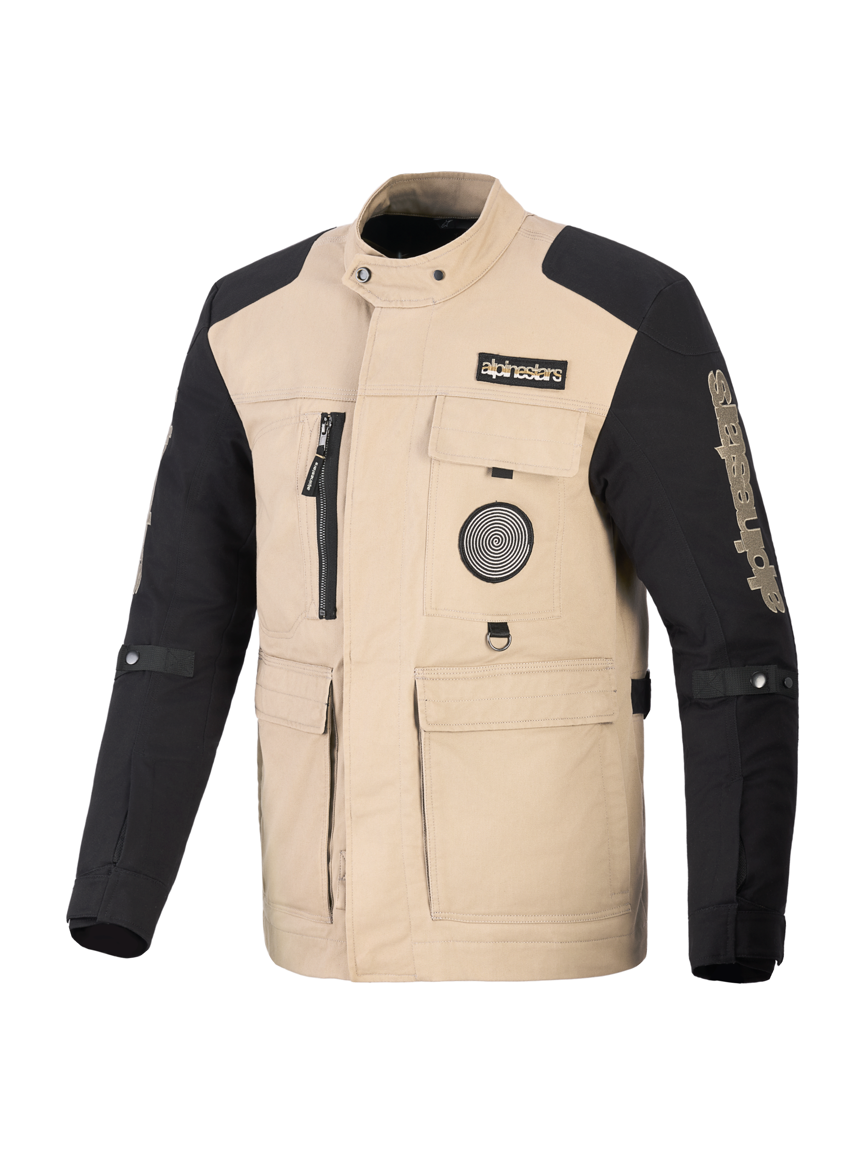 Alpinestars Dice Jacket, urban motorjas, beige en zwart, op werkkleding geïnspireerd ontwerp met vier functionele zakken aan de voorzijde en logopatches, robuuste textielconstructie voor straatprestaties