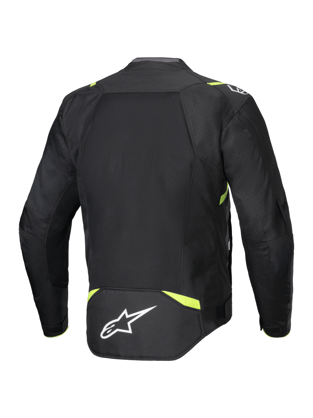 Alpinestars T-SPS Air V2 Jas, textiel motorjas, zwart en geel fluo, achteraanzicht met grote mesh-panelen voor luchtstroom, fluoriserend gele accenten op de schouders en taille, wit Alpinestars-logo op de onderrug