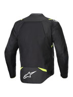 Alpinestars T-SPS Air V2 Jas, textiel motorjas, zwart en geel fluo, achteraanzicht met grote mesh-panelen voor luchtstroom, fluoriserend gele accenten op de schouders en taille, wit Alpinestars-logo op de onderrug