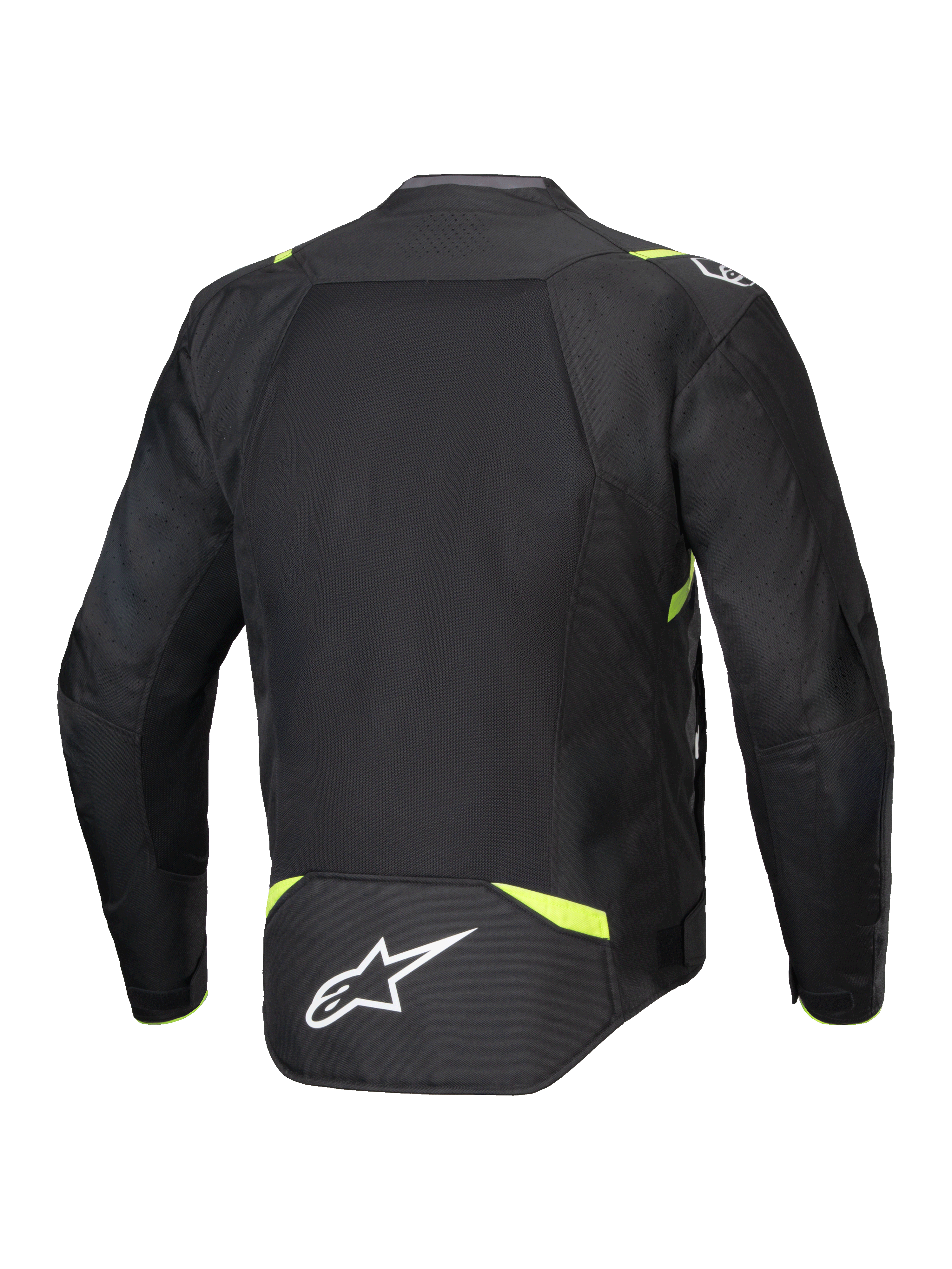 Alpinestars T-SPS Air V2 Jas, textiel motorjas, zwart en geel fluo, achteraanzicht met grote mesh-panelen voor luchtstroom, fluoriserend gele accenten op de schouders en taille, wit Alpinestars-logo op de onderrug