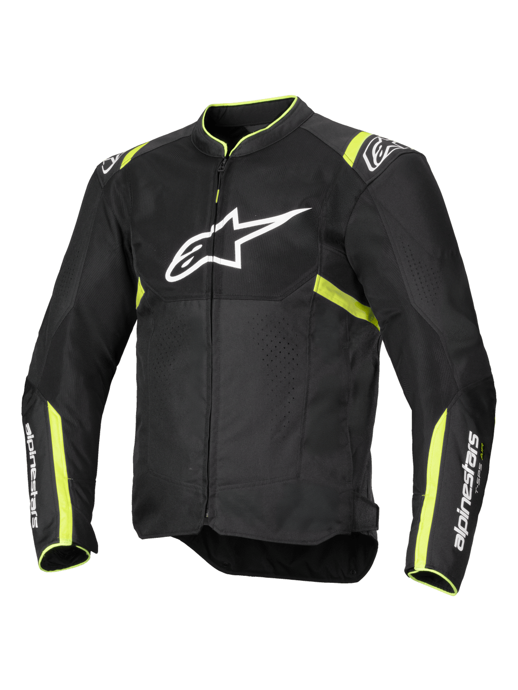 Alpinestars T-Sps Air V2 motorjas, zwart met fluo geel, voorzien van een groot wit logo op de borst, mesh-panelen voor ventilatie, fluorescerende gele accenten op de schouders en mouwen, sportief textielontwerp