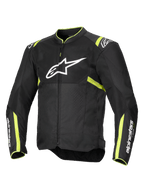 Alpinestars T-Sps Air V2 motorjas, zwart met fluo geel, voorzien van een groot wit logo op de borst, mesh-panelen voor ventilatie, fluorescerende gele accenten op de schouders en mouwen, sportief textielontwerp