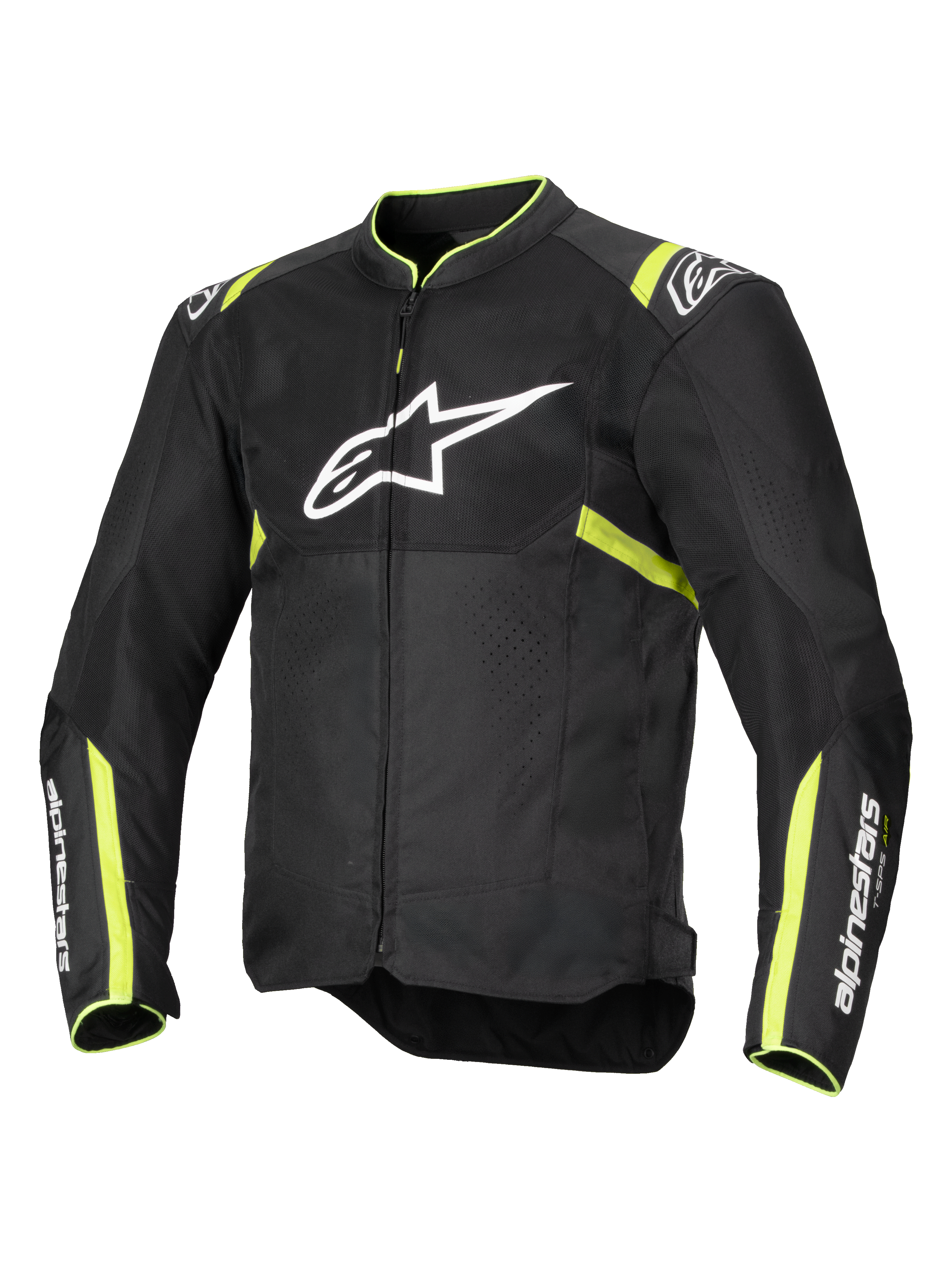Alpinestars T-Sps Air V2 motorjas, zwart met fluo geel, voorzien van een groot wit logo op de borst, mesh-panelen voor ventilatie, fluorescerende gele accenten op de schouders en mouwen, sportief textielontwerp