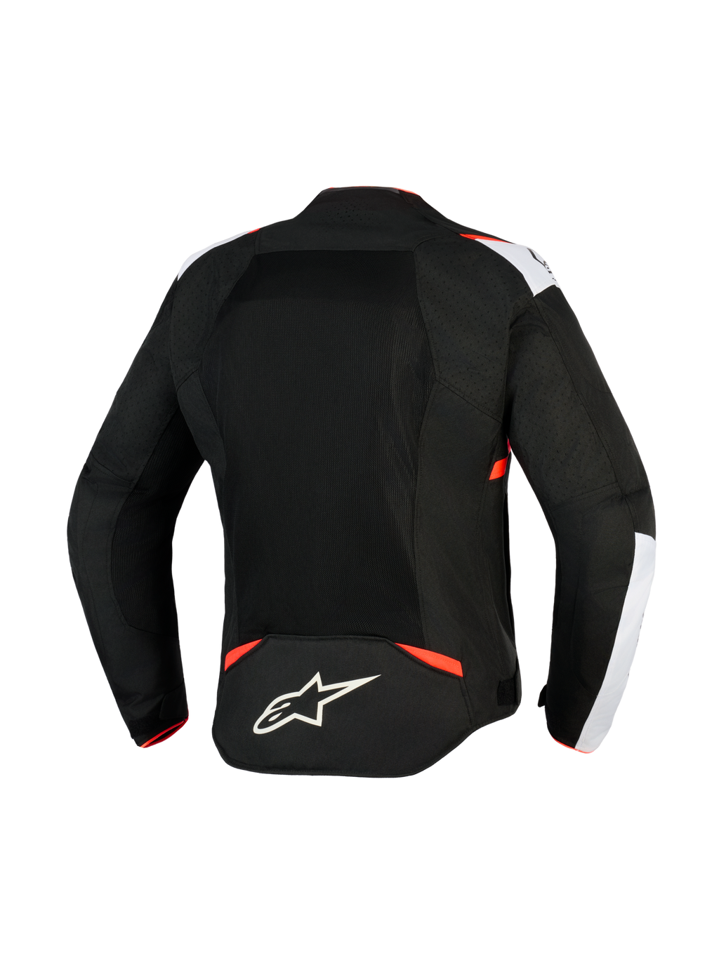 Alpinestars T-Sps Air V2 Jas, textiel motorjas, zwart, wit en fluo rood, achteraanzicht met grote mesh-panelen voor luchtstroom, witte schouderaccenten, Alpinestars sterlogo op de onderrug, urban sportief design.