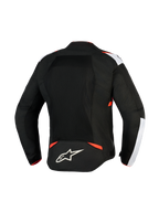 Alpinestars T-Sps Air V2 Jas, textiel motorjas, zwart, wit en fluo rood, achteraanzicht met grote mesh-panelen voor luchtstroom, witte schouderaccenten, Alpinestars sterlogo op de onderrug, urban sportief design.