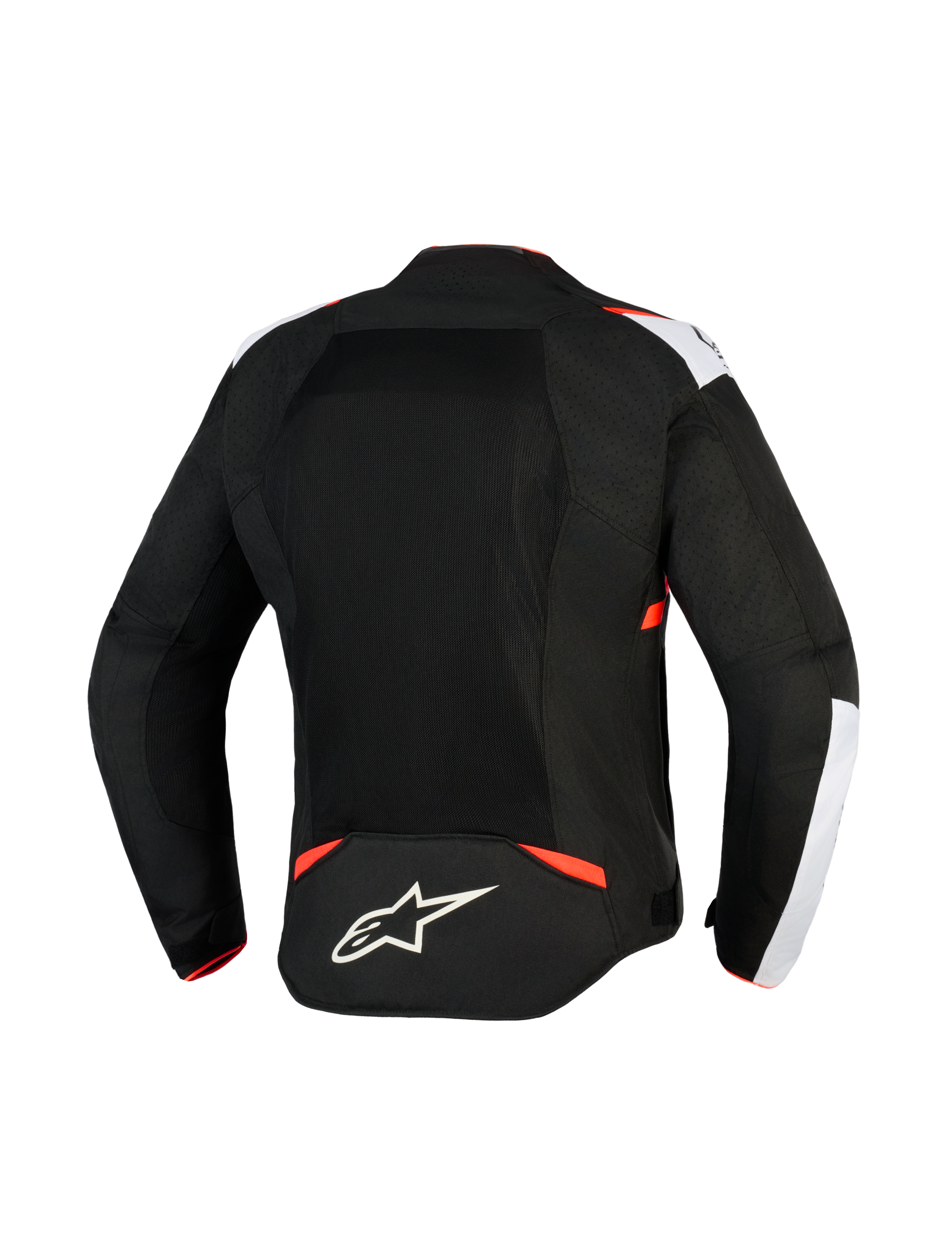 Alpinestars T-Sps Air V2 Jas, textiel motorjas, zwart, wit en fluo rood, achteraanzicht met grote mesh-panelen voor luchtstroom, witte schouderaccenten, Alpinestars sterlogo op de onderrug, urban sportief design.