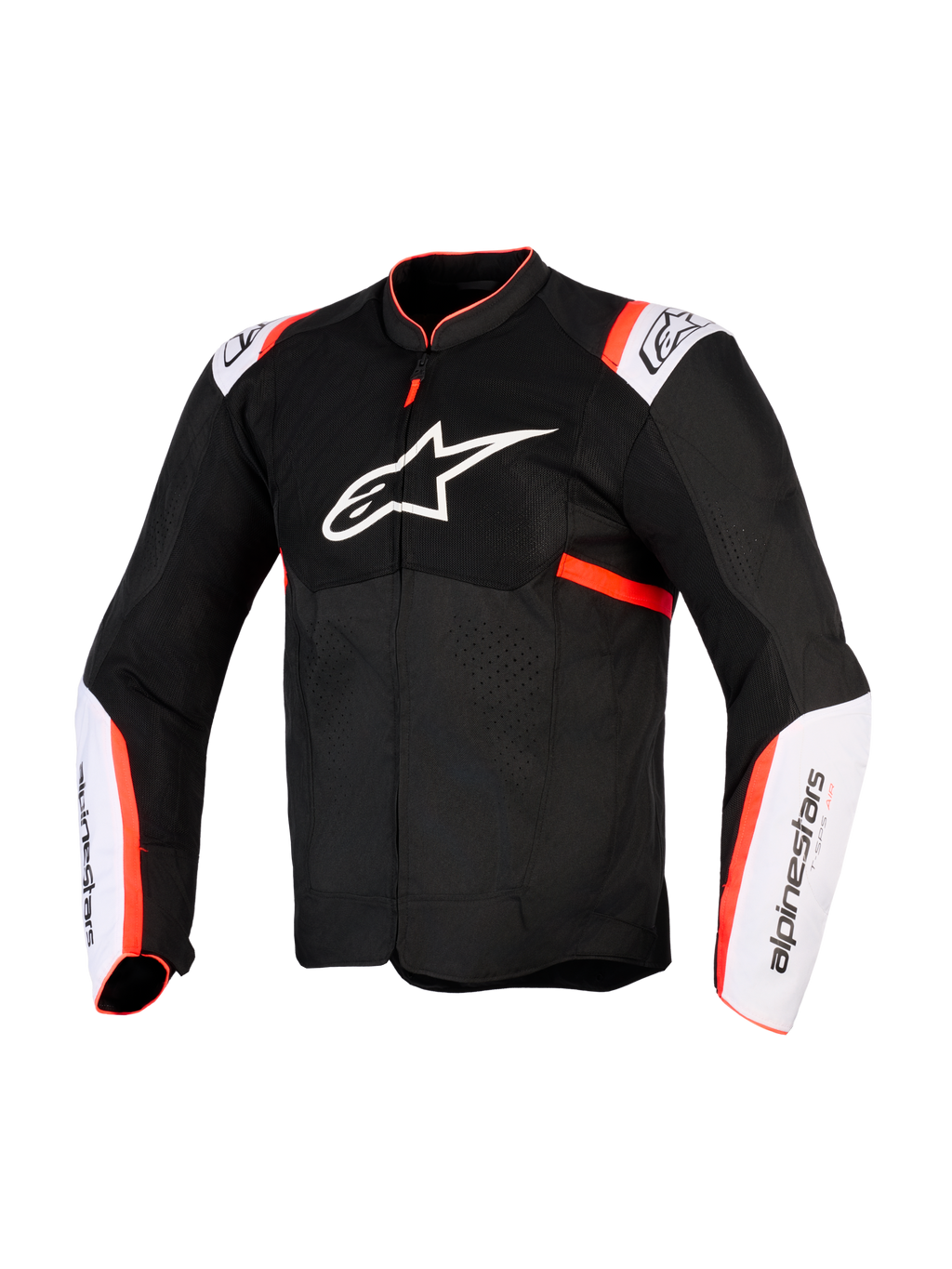 Alpinestars T-Sps Air V2 jas, motorjas, zwart, wit en fluo rood, vooraanzicht met groot wit sterlogo op de borst, mesh-panelen, witte mouwpanelen met fluo rode accenten, technische textielconstructie voor zomerse ritten