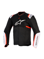 Alpinestars T-Sps Air V2 jas, motorjas, zwart, wit en fluo rood, vooraanzicht met groot wit sterlogo op de borst, mesh-panelen, witte mouwpanelen met fluo rode accenten, technische textielconstructie voor zomerse ritten