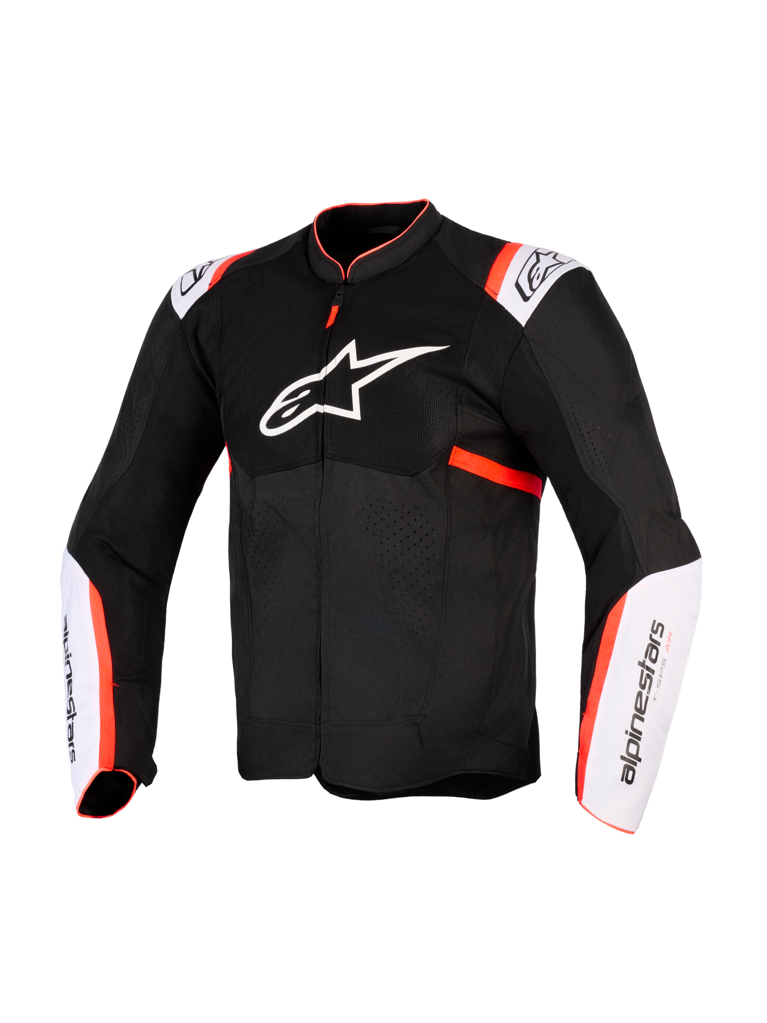Alpinestars T-Sps Air V2 jas, motorjas, zwart, wit en fluo rood, vooraanzicht met groot wit sterlogo op de borst, mesh-panelen, witte mouwpanelen met fluo rode accenten, technische textielconstructie voor zomerse ritten