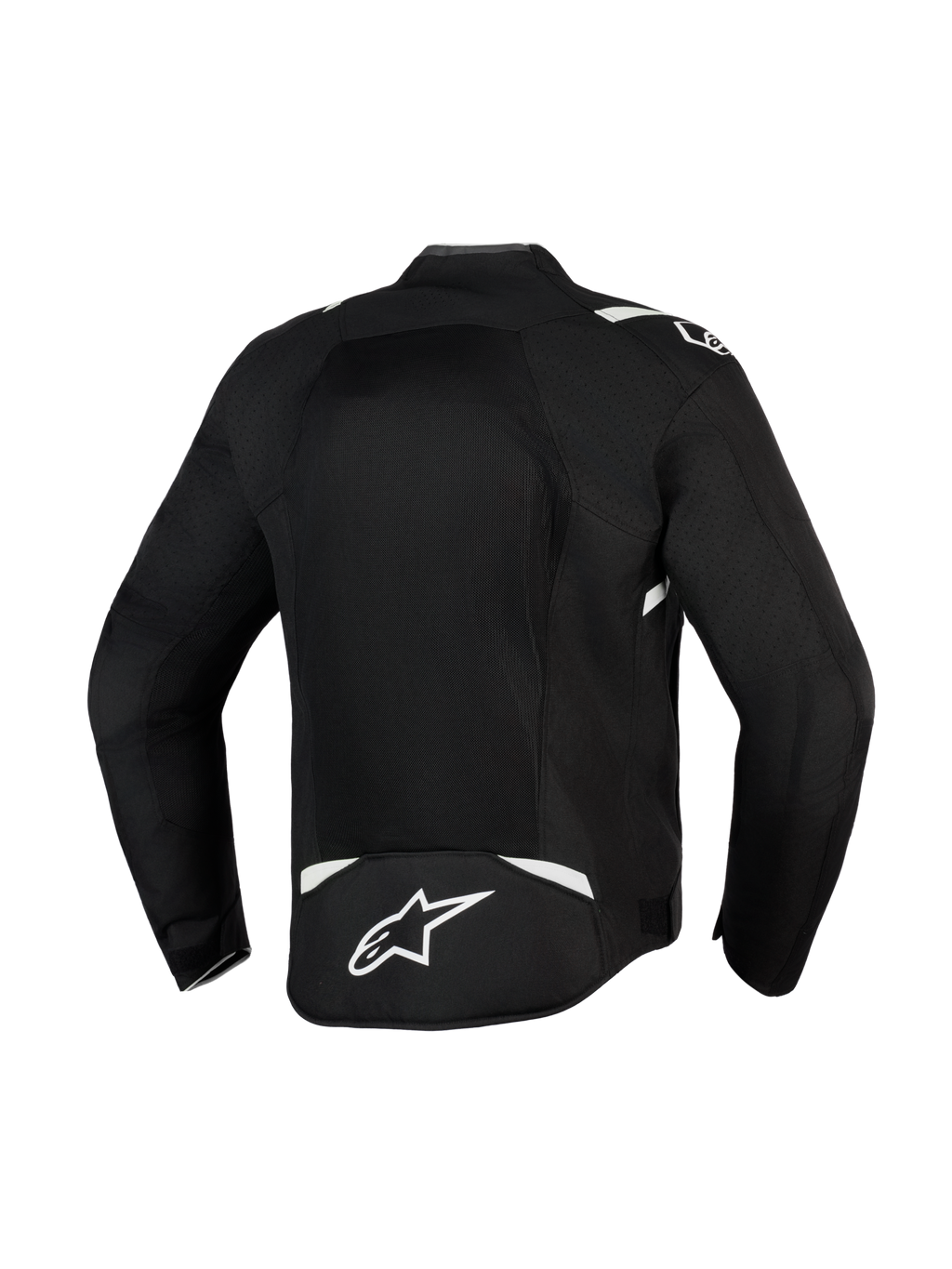 Alpinestars T-Sps Air V2 Jas, zwart en wit, achteraanzicht met groot mesh-paneel voor maximale luchtstroom, duurzame 600D poly-stof constructie met witte accenten en sterlogo op de onderrug, textiele motorjas voor stedelijk rijden