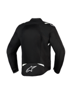 Alpinestars T-Sps Air V2 Jas, zwart en wit, achteraanzicht met groot mesh-paneel voor maximale luchtstroom, duurzame 600D poly-stof constructie met witte accenten en sterlogo op de onderrug, textiele motorjas voor stedelijk rijden