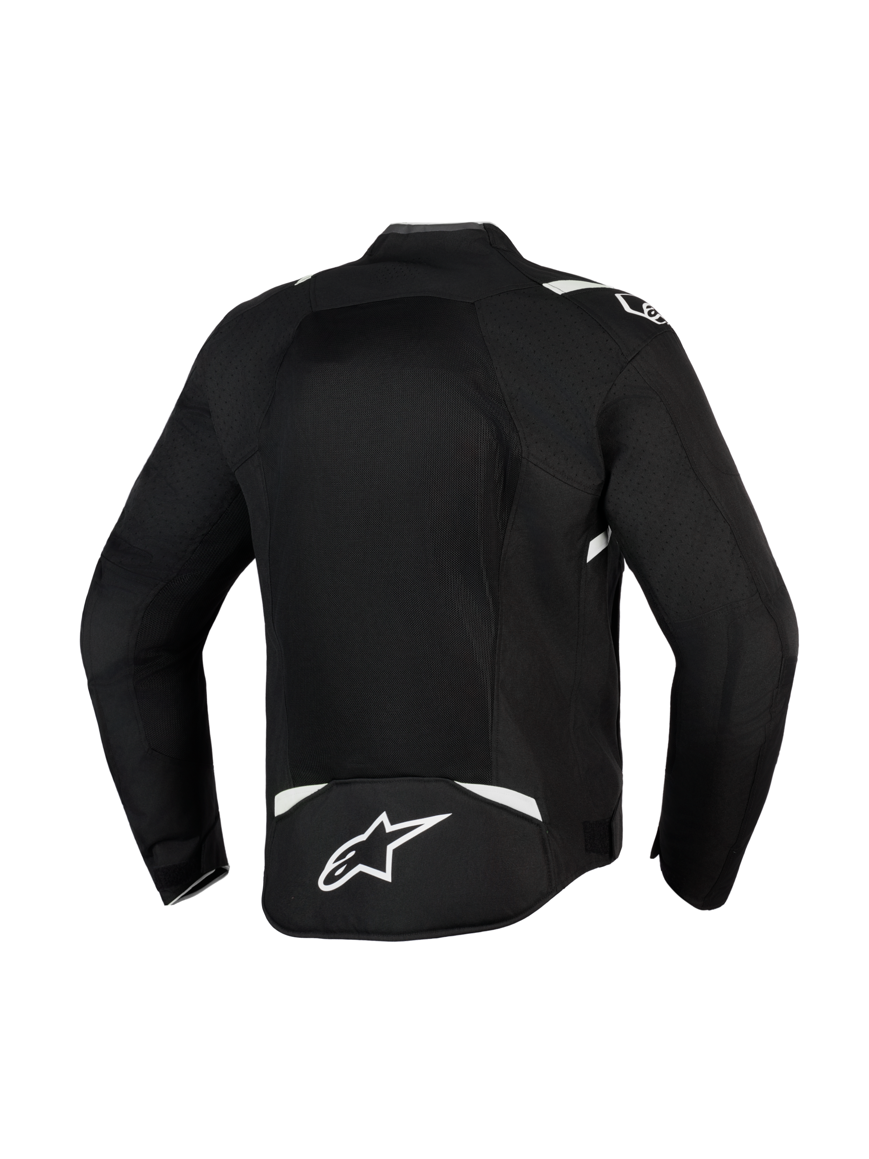 Alpinestars T-Sps Air V2 Jas, zwart en wit, achteraanzicht met groot mesh-paneel voor maximale luchtstroom, duurzame 600D poly-stof constructie met witte accenten en sterlogo op de onderrug, textiele motorjas voor stedelijk rijden