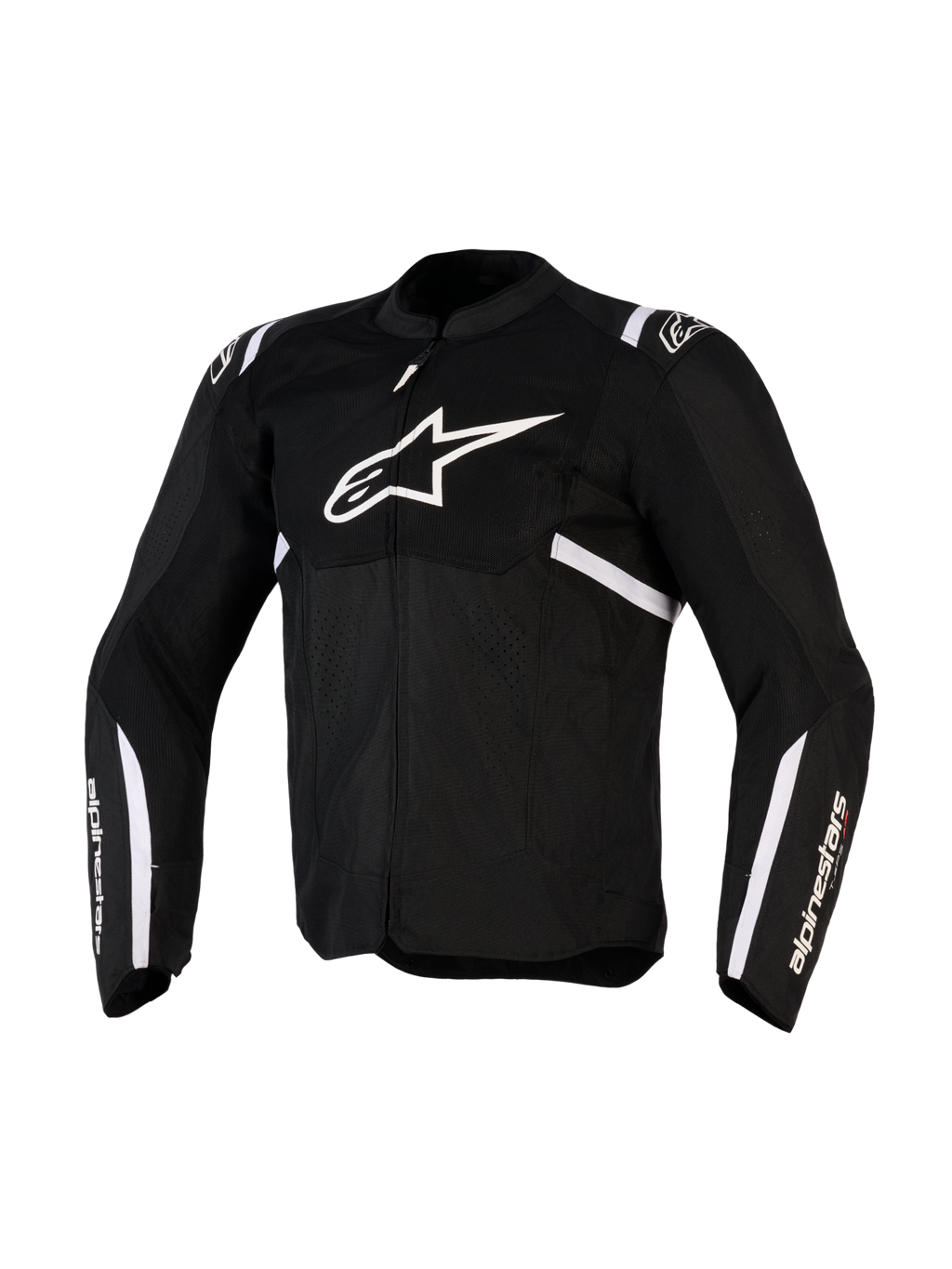 Alpinestars T-SPS Air v2 jas, textiel motorjas, zwart en wit, voorzien van groot wit borstlogo en mesh-panelen voor luchtstroom, sportief design met Alpinestars-branding op de mouwen