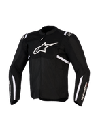 Alpinestars T-SPS Air v2 jas, textiel motorjas, zwart en wit, voorzien van groot wit borstlogo en mesh-panelen voor luchtstroom, sportief design met Alpinestars-branding op de mouwen