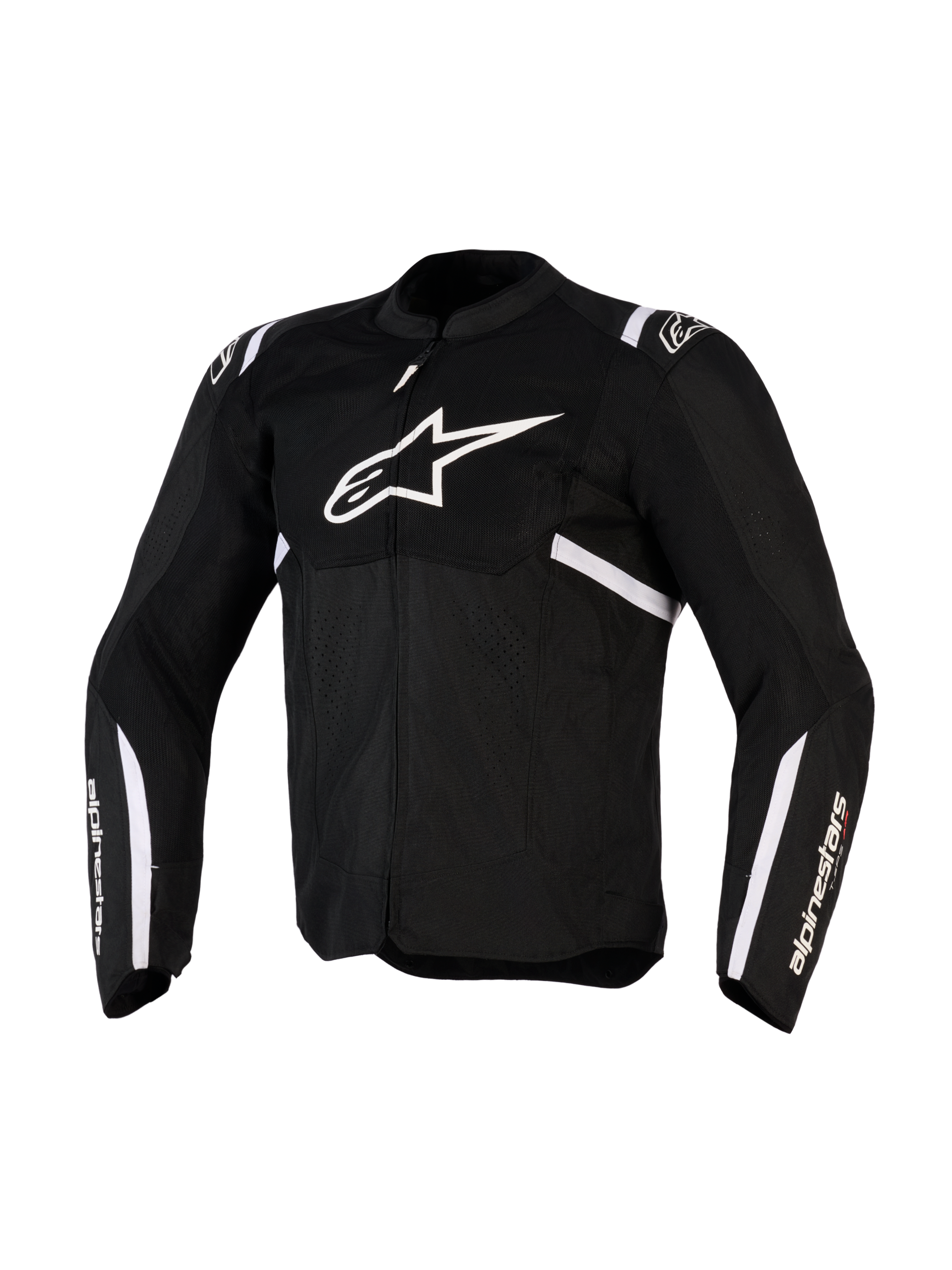 Alpinestars T-SPS Air v2 jas, textiel motorjas, zwart en wit, voorzien van groot wit borstlogo en mesh-panelen voor luchtstroom, sportief design met Alpinestars-branding op de mouwen