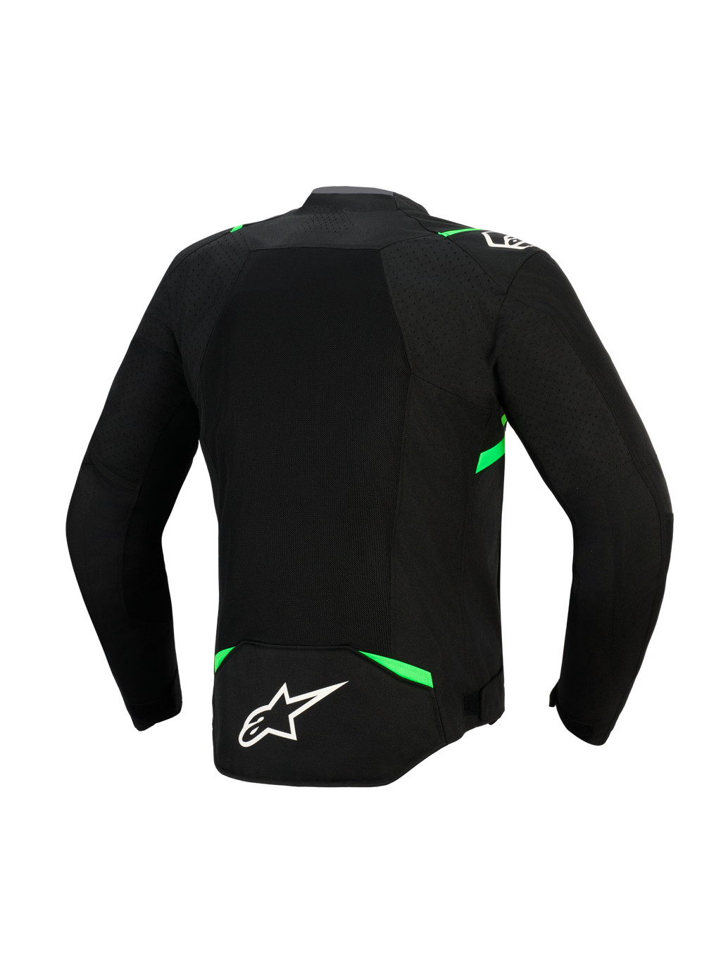 Alpinestars T-SPS Air V2 Jas, achteraanzicht, zwart en fluogroen, met een groot tech mesh-paneel voor maximale luchtstroom, fluoriserend groene accenten op de schouders en taille, en een wit Alpinestars-logo op de onderrug.