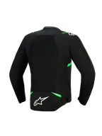 Alpinestars T-SPS Air V2 Jas, achteraanzicht, zwart en fluogroen, met een groot tech mesh-paneel voor maximale luchtstroom, fluoriserend groene accenten op de schouders en taille, en een wit Alpinestars-logo op de onderrug.