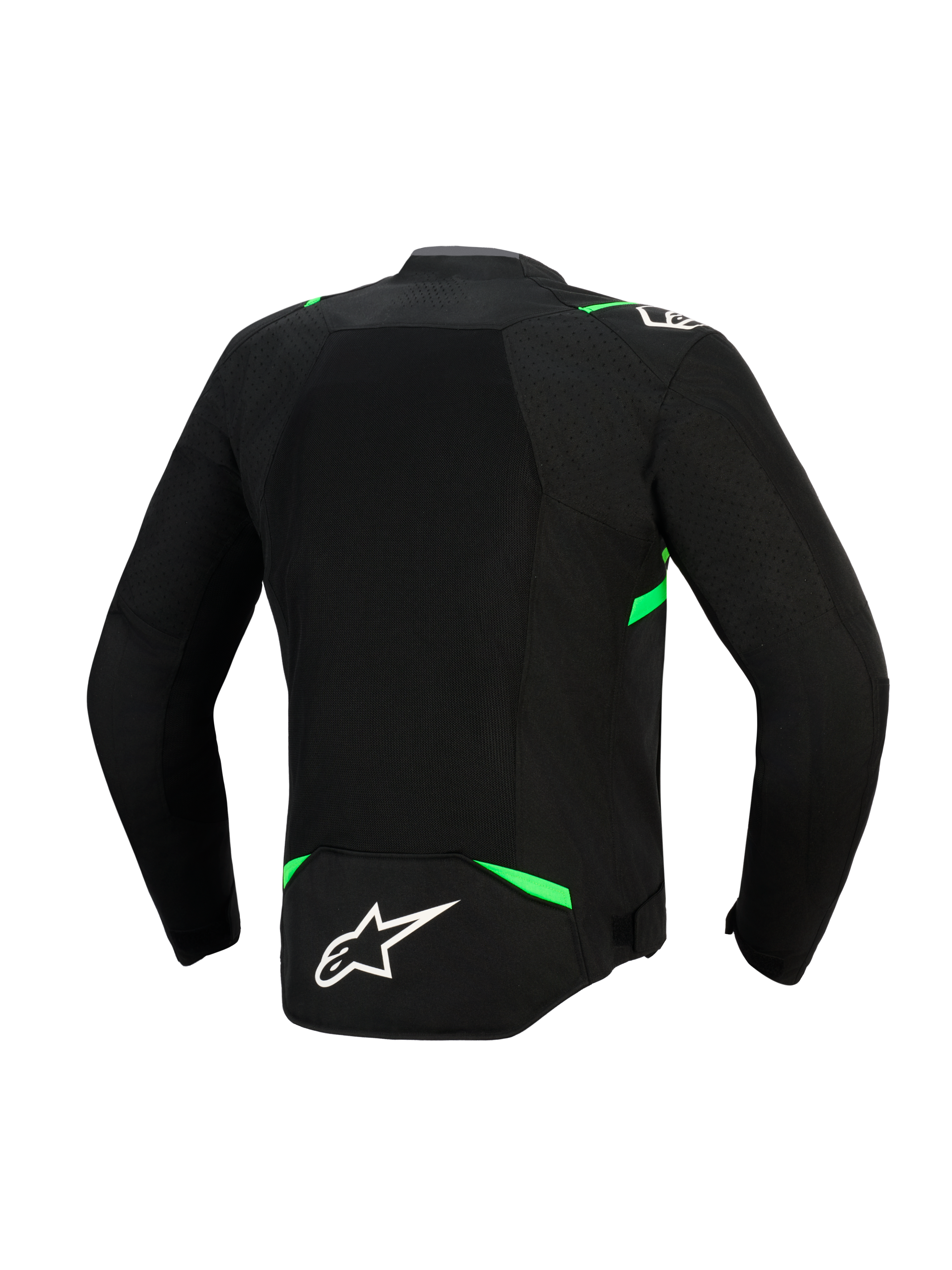 Alpinestars T-SPS Air V2 Jas, achteraanzicht, zwart en fluogroen, met een groot tech mesh-paneel voor maximale luchtstroom, fluoriserend groene accenten op de schouders en taille, en een wit Alpinestars-logo op de onderrug.