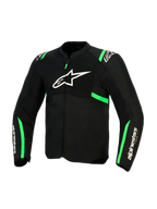 Alpinestars T-SPS Air V2 Jas, zwart en fluogroen, vooraanzicht met wit Alpinestars-logo op de borst, tech mesh-panelen voor ventilatie en groene accenten op de schouders en mouwen, sportieve motorkleding