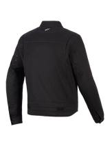 Alpinestars Bruiser Jas, stedelijke motorjas, zwart, achteraanzicht met gearticuleerde schouderpanelen, tailleverstellers en een klein geborduurd logo op de kraag, robuust textielontwerp geïnspireerd op werkkleding