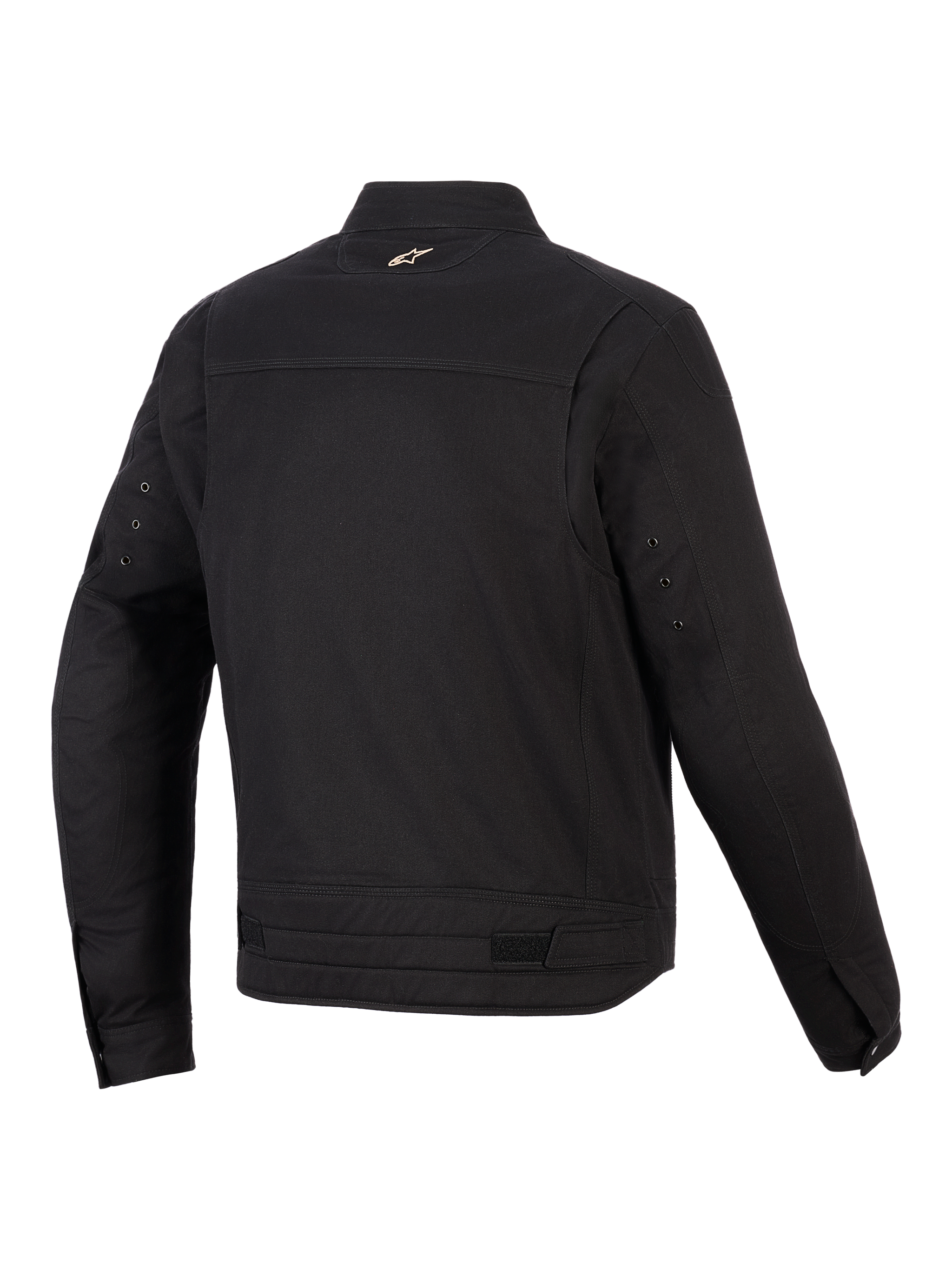 Alpinestars Bruiser Jas, stedelijke motorjas, zwart, achteraanzicht met gearticuleerde schouderpanelen, tailleverstellers en een klein geborduurd logo op de kraag, robuust textielontwerp geïnspireerd op werkkleding