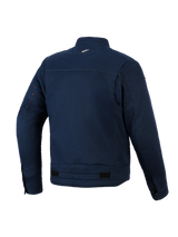 Alpinestars Bruiser Jacket, Urban Motorcycle Jacket, Dark Blue, rear view featuring stretch polycotton twill construction, small white logo on back neck, ventilation eyelets on sleeves, and adjustable waist tabs.