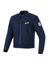 Alpinestars Bruiser Jacket, Urban Textile Motorcycle Jacket, Dark Blue, workwear-inspired design with zippered front and chest pockets, snap-button collar, and Oscar spiral patch on sleeve, contemporary streetwear aesthetic