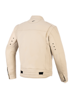 Alpinestars Bruiser Jacket, urban motorjas, aluminum kleur, achteraanzicht met geplooide schouderpanelen, verstelbare taillebanden met zwarte tabs, klein geborduurd logo in de nek en metalen oogjes aan de achterkant van de mouwen.