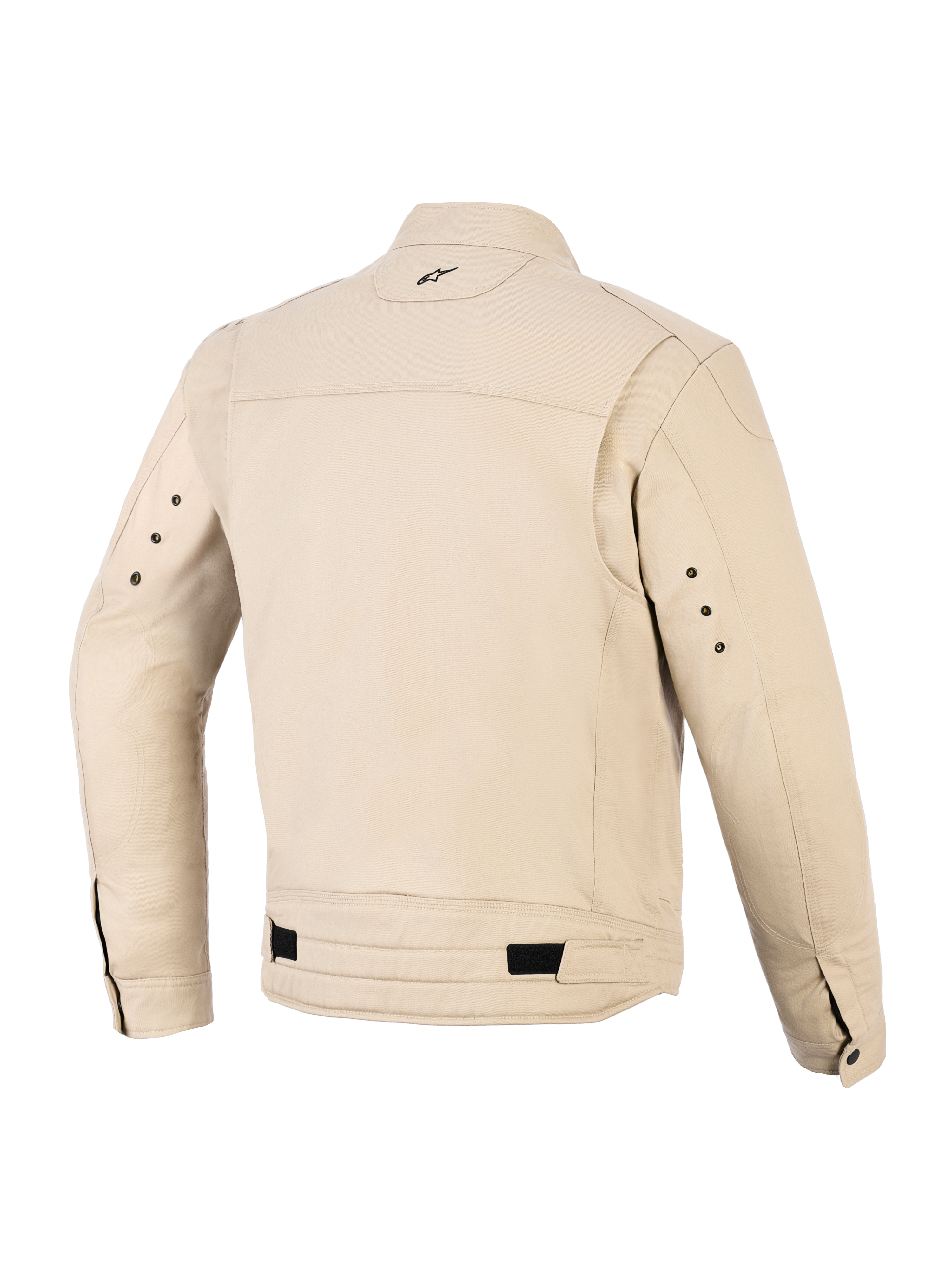 Alpinestars Bruiser Jacket, urban motorjas, aluminum kleur, achteraanzicht met geplooide schouderpanelen, verstelbare taillebanden met zwarte tabs, klein geborduurd logo in de nek en metalen oogjes aan de achterkant van de mouwen.