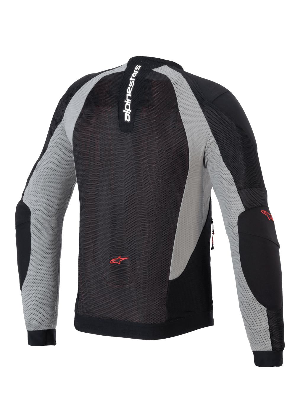 Alpinestars Troop-Air Jacket, doorwaai-motorjas, zwart, asgrijs en felrood, achteraanzicht met technische mesh-constructie, verticale Alpinestars-branding op de kraag en rode ster-logo's op de onderrug en ellebogen.