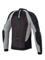 Alpinestars Troop-Air Jacket, doorwaai-motorjas, zwart, asgrijs en felrood, achteraanzicht met technische mesh-constructie, verticale Alpinestars-branding op de kraag en rode ster-logo's op de onderrug en ellebogen.