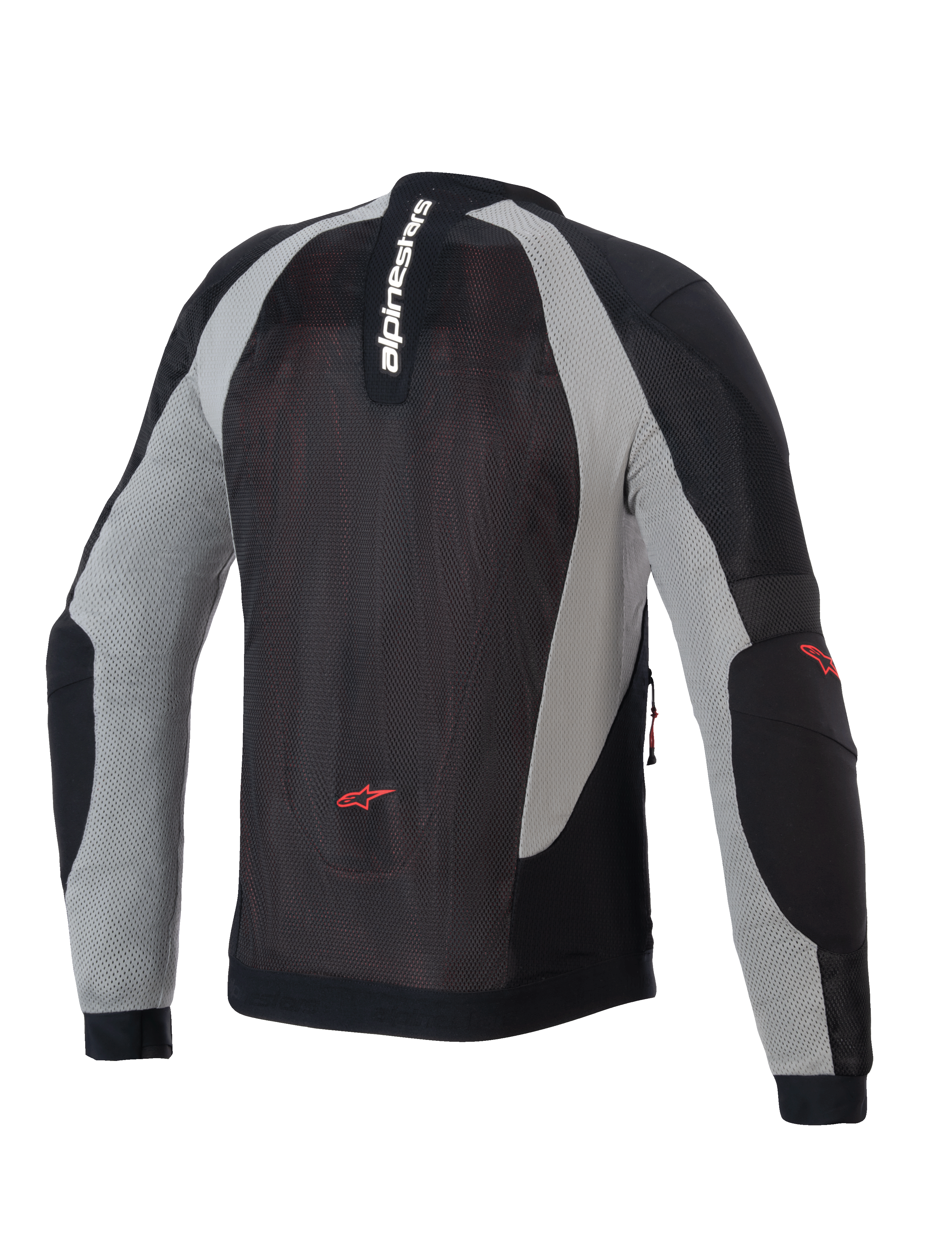 Alpinestars Troop-Air Jacket, doorwaai-motorjas, zwart, asgrijs en felrood, achteraanzicht met technische mesh-constructie, verticale Alpinestars-branding op de kraag en rode ster-logo's op de onderrug en ellebogen.