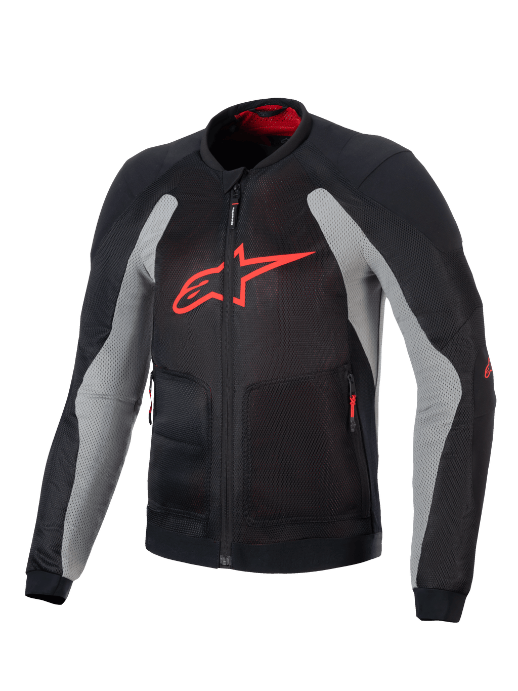 Alpinestars Troop-Air jas, technische motorjas, zwart en asgrijs met felrood, voorzien van een groot rood A-star-logo op de borst, mesh-constructie voor luchtstroom en technisch rijontwerp.